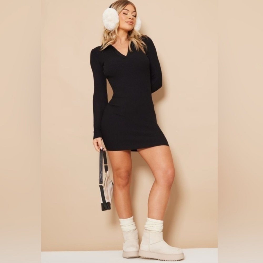 NWT Pretty Little Thing Black Long Sleeve Ribbed Bodycon Mini Dress
